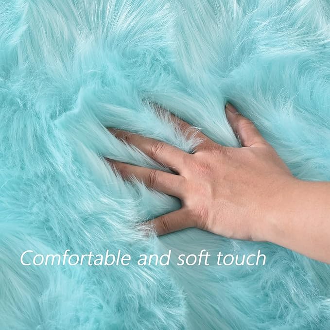 Latepis Light Blue Small Fluffy Rugs 2x3 Teal Faux Sheepskin Fur Rug for Bedroom Cute Throw Plush Rug for Cushion Chair Furry Rugs for Home Décor