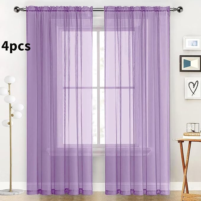 SpaceDresser Lavender Sheer Curtains 4 Panels Rod Pocket Semi-Sheer Curtain 108 Inches Long Light Filtering Voile Window Drapes for Bedroom Living Room Kitchen, Each 52W x 108L