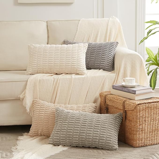 Fancy Homi 4 Packs Neutral Lumbar Decorative Throw Pillow Covers 12x20 Inch for Living Room Couch Bed Sofa, Boho Home Decor, Soft Striped Corduroy Rectangle Accent Beige Cushion Case 30x50 cm
