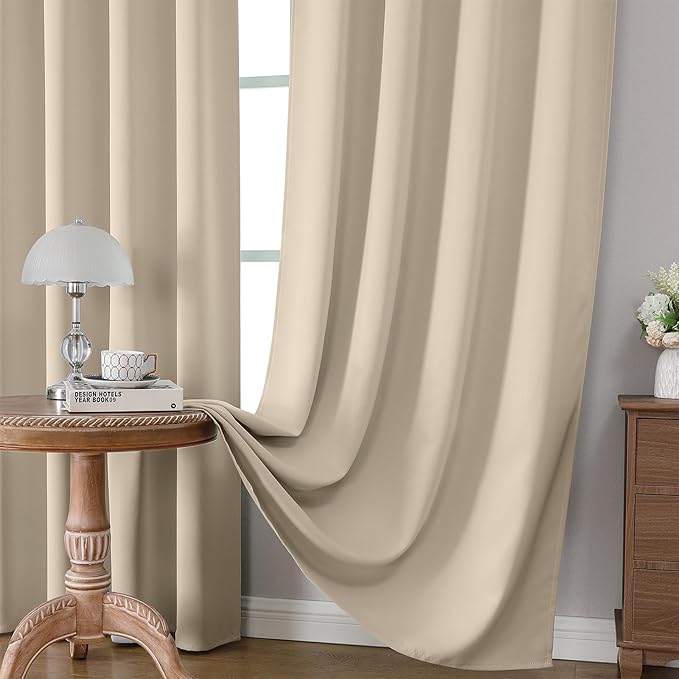 CUCRAF Light Beige Blackout Curtains 54 inch Length 2 Panels Set, Rod Pocket Room Darkening Drapes for Bedroom Living Room, Insulated Thermal Light Blocking Window Curtain (W52 x L54 Inch)