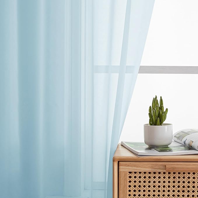 Simplebrand Sky Blue Sheer Curtains 63 Inch Length 2 Panels, Rod Pocket Solid Color Window Sheer Curtain Panels, Elegant Curtains & Drapes for Living Room, Bedroom 2 Panels (42" W x 63" L)