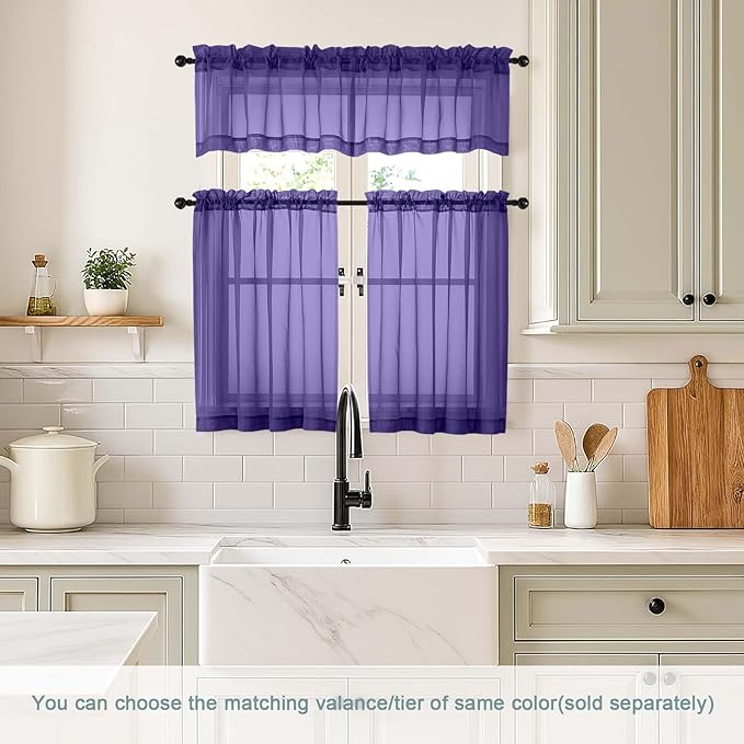 Purple Valances for Windows 14 inch Length 2 Panels Set, Small Voile Sheer Curtains for Bathroom, Soft Fabric Lightweight Light Filtering Kitchen Curtains, Dual Rod Pocket, 2x42Wx14L Inches