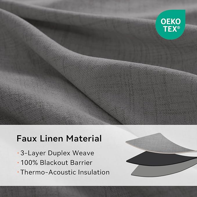 100% Blackout Shield Linen Blackout Curtains for Bedroom, Dark Gray Grommet Curtains for Living Room, Thermal Insulated Room Darkening Drapes for Nursery, Boho Home Decor, 50" W x 72" L, 2 Panels