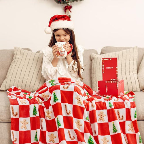 BEDELITE Christmas Throw Blanket – Red and White Checkered Holiday Blanket with Gingerbread Man, Candy Cane & Christmas Tree Pattern, Soft Warm Fleece Christmas Blanket for Home Décor & Gift, 50"x60"