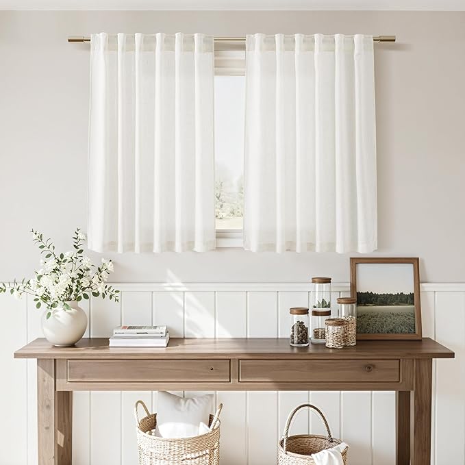 Beige White Linen Curtains for Kitchen Windows Over Sink Neutral 30 Inch Length Back Tab and Rod Pocket Light Filtering Semi Sheer Cafe Curtain for Bathroom RV Small Window 36 x 30 Inch,2 Panels