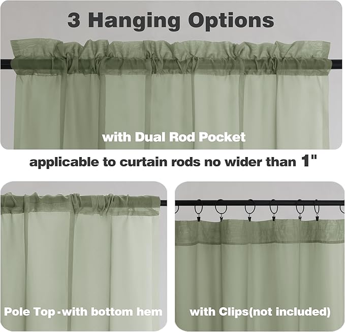 Chyhomenyc Sage Green Sheer Curtains 36 Inch Length, Short Voile Sheer Window Curtians for Small Window Bathroom Cafe Living Room, Set of 2, 42W x 36L inches, Rod Pocket,
