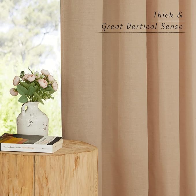 NICETOWN Living Room Curtains Camel Thick Linen Flax Texture, Grommet Semi Sheer Privacy Assured with Light Filtering Linen Weave Drapes for Bedroom/Farmhouse, W55 x L90, 2 Panels