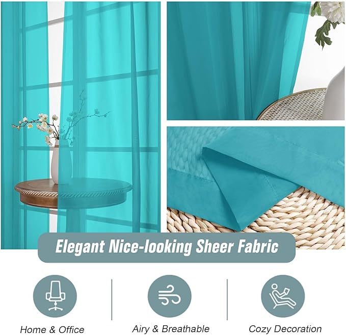 Window Sheer Curtains 54 inch Length, Soft Airy Light Filtering Sheer Curtain 2 Panels Set, Dual Rod Pocket Gauze Drapes for Living Room Bedroom, Turquoise, 2x42Wx54L Inches