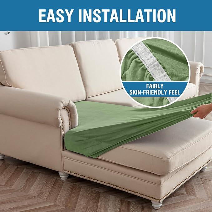 Couch Cover 6-Piece Elastic Velvet Couch Cushion Covers & Chaise Slipcovers for L-Shaped Sofas, Sofa Seat Covers Washable, Soft Cover for Couches (5 Seater + Chaise, Avocado Green)