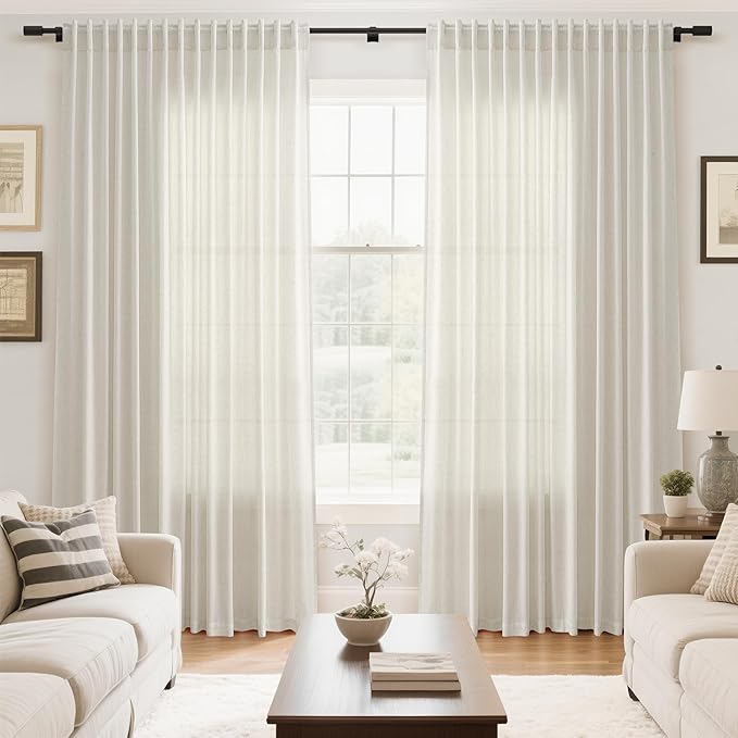 Extra Wide 100 Inch Linen Curtains for Living Room Divider Light Filtering Semi Sheer Back Tab Patio Curtains for Sliding Door Natural Coastal Decor Sunroom Floor to Ceiling Window Curtain 100x84