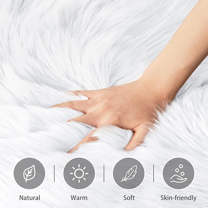 White Fluffy Round Fur Area Rug for Bedroom, Circle Faux Fur Rugs for Kids Room, Cute Fuzzy Nursery, Shaggy Circular Rugs Floor Carpets for Teens Girls Rooms Home Decor, 4 x 4 Feet