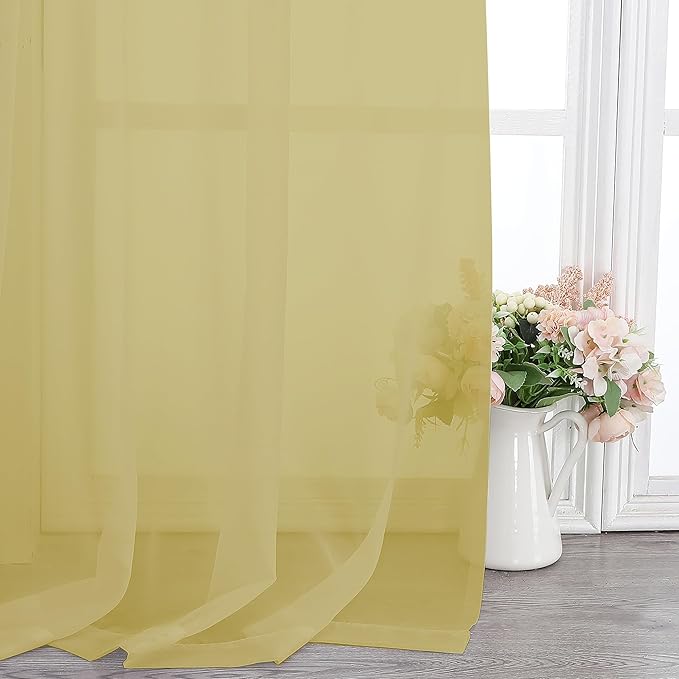Chyhomenyc Mustard Yellow Sheer Curtains 96 inches Long 2 Panels, Light Filtering Soft Airy Solid Elegant Voile Window Treatment Drapes for Bedroom Living Room, 42Wx96L, 8FT L
