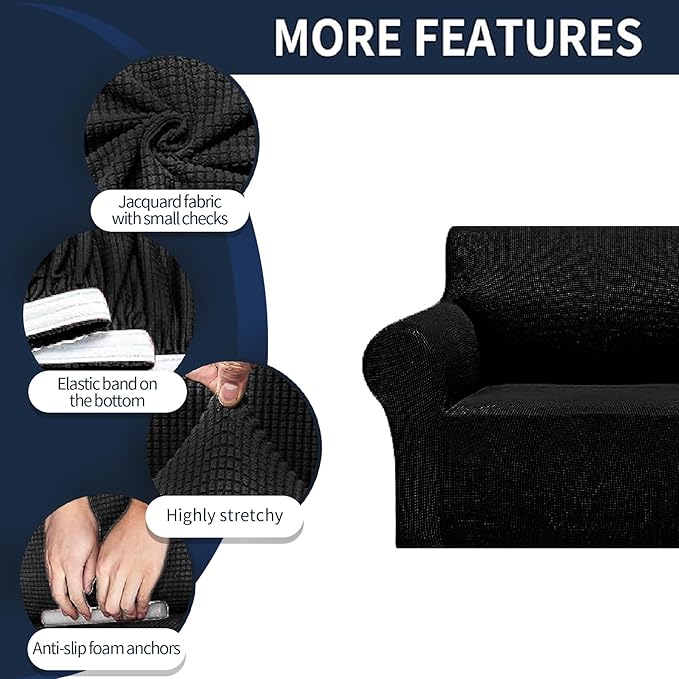 Cupuamon 2026 New Stretch Chair Sofa Slipcovers Couch Cover for 1 Seater Furniture Protector Sofa Covers with Elastic Bottom Jacquard Fabric Small Checks for Pets, Kids - Black