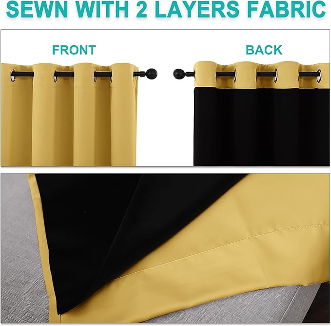 NICETOWN 100% Blackout Curtains with Black Liners, Solid Thermal Insulated Full Blackout 2-Layer Lined Drapes, Energy Efficiency Window Draperies for Bedroom (2 Panels, 46" W by 54" L, Bright Yellow)