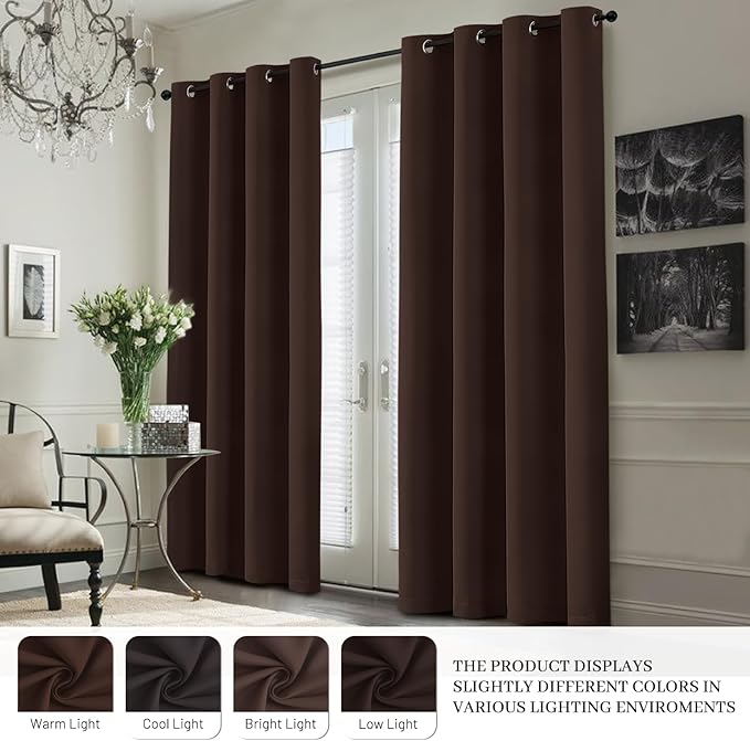 Yakamok 100% Blackout Curtain Panels 84 inches Cold and Light Blocking Drapes for Nursery, 2 Thick Layers Thermal Insulated Draperies (2 Pieces, 50 Wide Each Panel, Brown/White Backing)