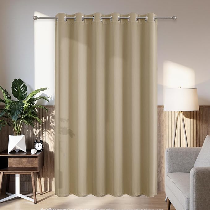Joydeco Blackout Patio Sliding Door Curtains 108 Inches Long, Grommet Privacy Room Divider Curtains, Extra Wide Thermal Blackout Drapes for Bedroom Living Room (Light Beige, 80Wx108L, 1 Panel)