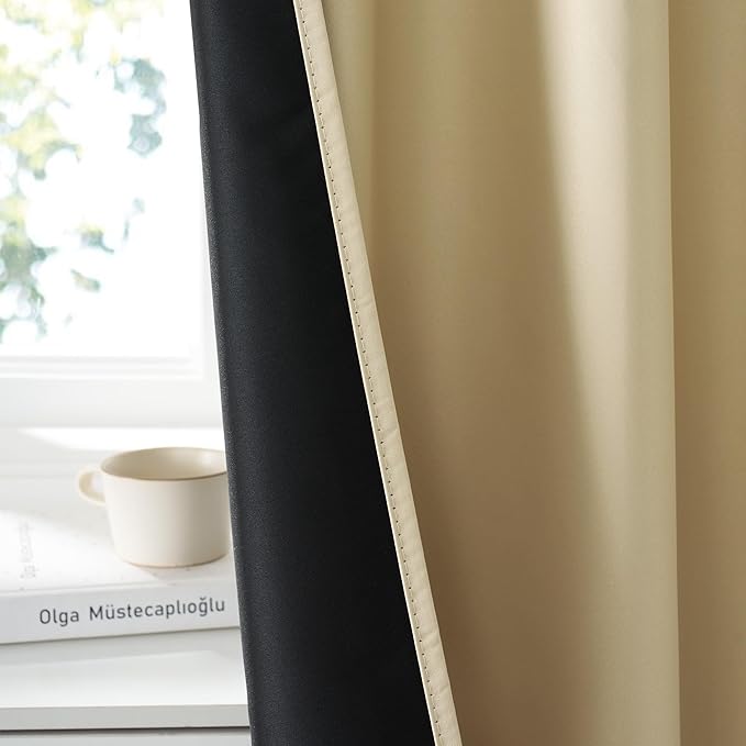 RYB HOME Bedroom Blackout Curtains 80 inches Long, 100% Blackout Thermal Insulated Noise Reducing Curtains for Living Room Nursury, 42 inches Wide by 80 inches Long, Biscotti Beige