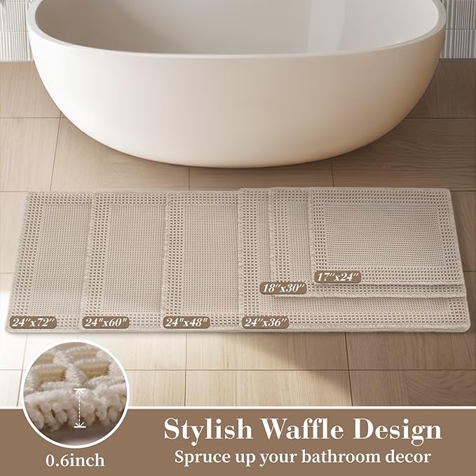 RESARE Waffle Bath Mat for Bathroom, Super Absorbent Bathroom Rugs Non Slip Machine Washable, Ultra Soft Quick Dry Boho Bath Rugs with Tassels for Floor, Upgraded Bordered Design, 24"x36" Pale Beige