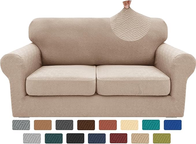 XINEAGE 2026 New 3 Pieces Couch Covers for 2 Cushion Sofa Super Stretch Loveseat Slipcover Pet Dog Universal Slip Cover Anti Slip Love Seat Furniture Protector (Khaki, 55"-69")