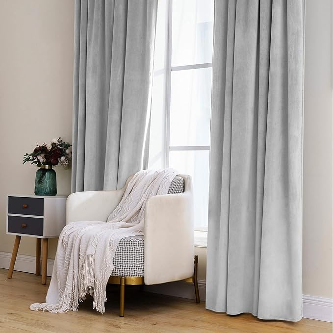 MIULEE Greyish White Velvet Curtains 96 inches 2 Panels - Luxury Blackout Curtains for Bedroom Living Room Thermal Insulated Super Soft Window Drapes Rod Pocket & Back Tab, W52 x L96 inches