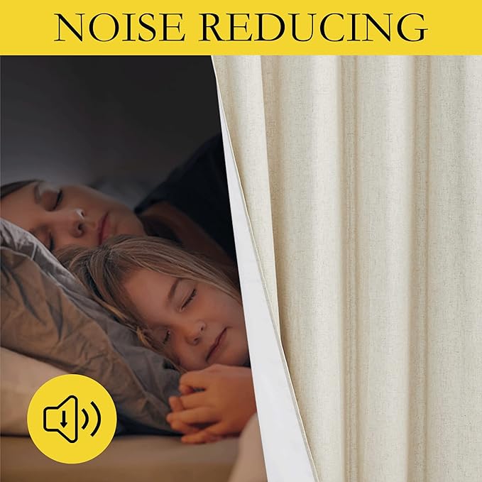 NICETOWN Natural Thick Linen Blend 100% Blackout Curtains 60" Long 2 Panels Set for Bedroom, 34" Wide, Rustic Grommet Thermal Insulated Flax Textured Full Blackout Window Draperies with White Liners