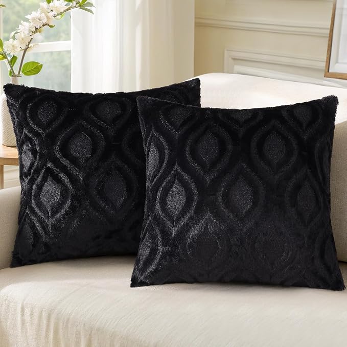 decorUhome Throw Pillow Covers 24x24 Inch Set of 2, Soft Plush Faux Wool Black Solid Couch Pillow Covers, Accent Euro Sham Farmhouse Neutral Square Pillow Cases for Sofa Bed Living Room