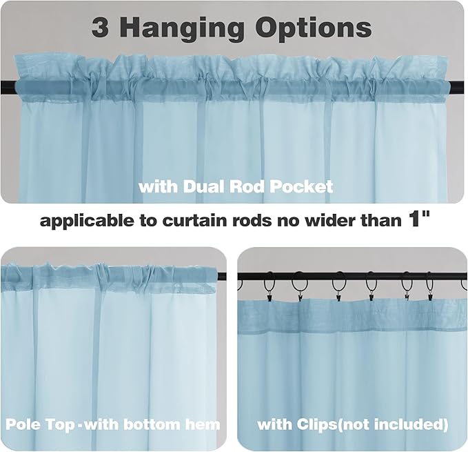 Chyhomenyc Sky Blue Sheer Valances for Windows - Light Filtering Small Kitchen Curtains, Rod Pocket Short Top Window Treatment Decor for Living Room Bathroom Basement, 42Wx16L inches, 2 Panels