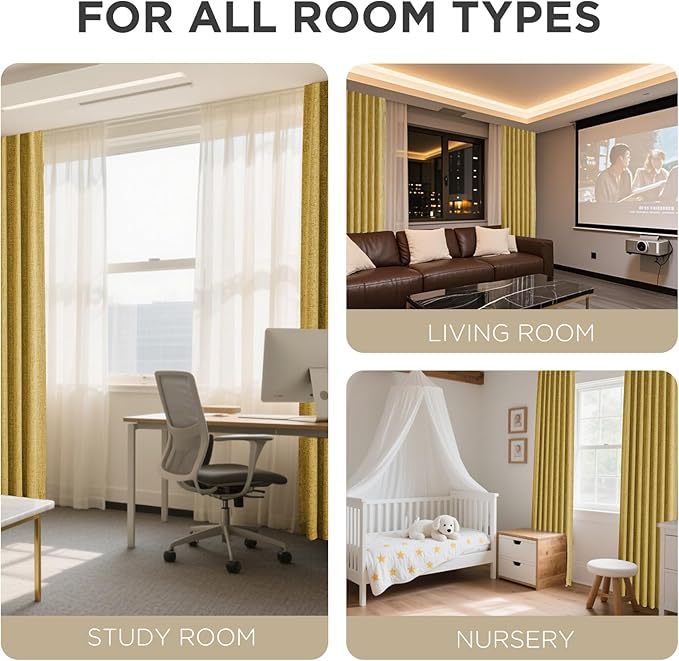 Joydeco Blackout Curtains for Bedroom - 100% Light Blocking 2 Panels Set Yellow Drapes 66" W x 96" L, Thermal Insulated Room Darkening Curtains, Linen Textured for Living Room, Rod Pocket & Back Tabs