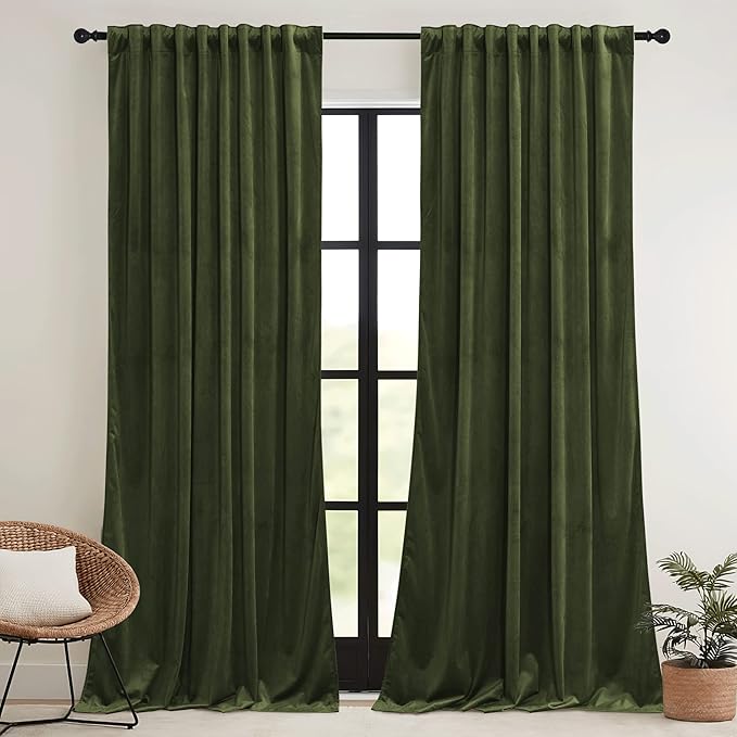 RYB HOME Olive Green Velvet Curtains with Hook Tape, Thermal Insulated Privacy Protect Decorative Drapes for Home Theater, W 62 x L 84 inches, 2 Panels Set