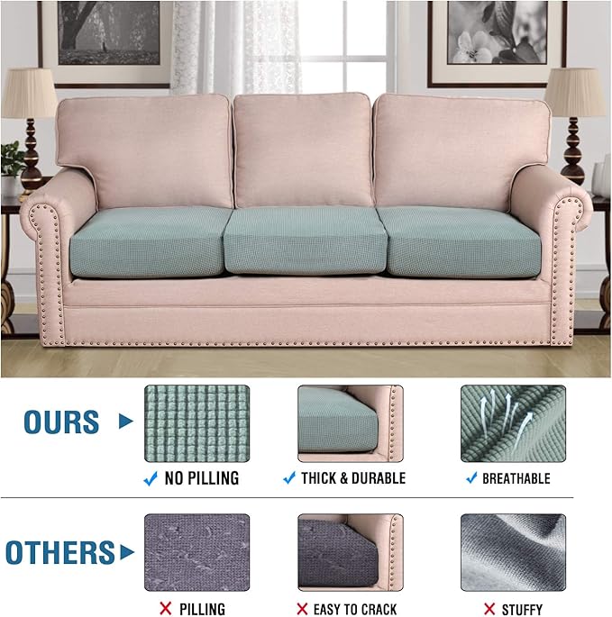 H.VERSAILTEX Super Stretch Couch Cushion Covers Sofa Cushion Slipcovers Jacquard Fabric Individual Seat Couch Slipcover Sets for Pets with Elastic Bottom(3 Packs Cushion Sofa Covers, Sage)