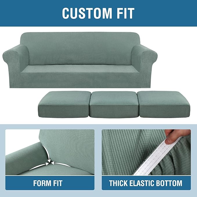 H.VERSAILTEX 4 Piece Stretch Sofa Covers for 3 Cushion Couch Covers for Living Room Furniture Slipcovers (Base Cover Plus 3 Seat Cushion Covers) Thicker Jacquard Fabric (Large Sofa, Sage)