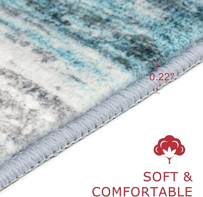 KOZYFLY Modern Abstract Kitchen Runner Rug, 2x10 Washable Rug Runner Non-Slip Soft Striped Hallway Runner Rugs, Light Blue Print Carpet Runner for Entryway Bathroom Laundry Room Foyer