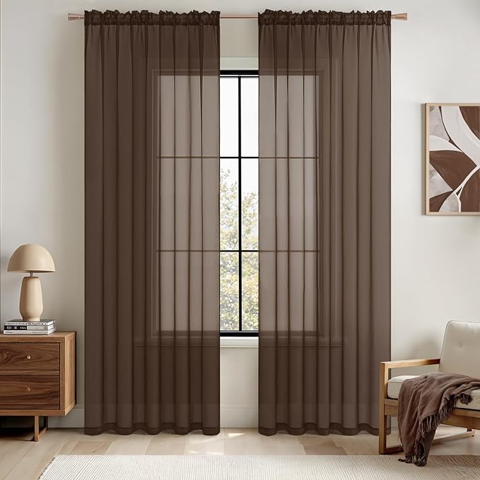 MIULEE Chocolate Brown Sheer Curtains 84 Inches Long 2 Panels, Light Filtering Voile Drapes with Rod Pocket for Bedroom and Living Room Windows