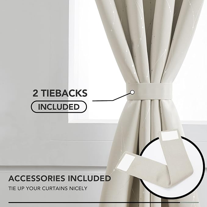 Deconovo Beige Curtains for Living Room, Thermal Insulated Soundproof Drapes with Wave Dot Silver Print, 52 x 63 Inch Long, Farmhouse Panel, Set of 2 Window Panels for Classroom Bedroom Office Nursery