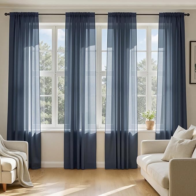 MIULEE Navy Blue Sheer Curtains 72 Inches Long, 4 Panels Set, Light Filtering Rod Pocket Voile Drapes Window Treatments, Semi Transparent Airy Fabric for Bedroom and Living Room, 42 x 72 Inches