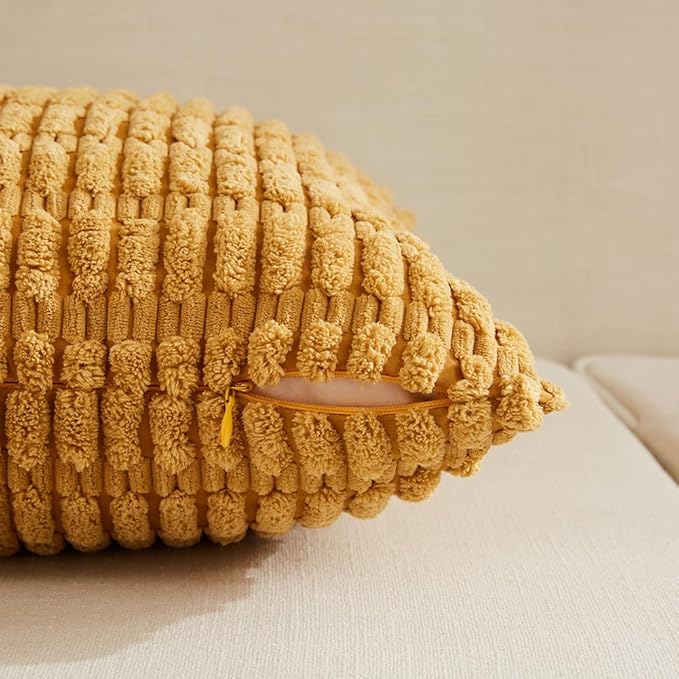 Fancy Homi 4 Packs Mustard Yellow Decorative Throw Pillow Covers 16x24 Inch for Living Room Couch Bed Sofa, Rustic Farmhouse Boho Home Decor, Soft Plush Striped Corduroy Square Cushion Case 40x60 cm