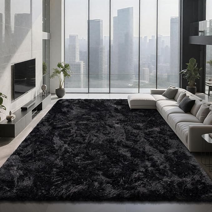 9X12 Large Shag Area Rugs for Living Room Bedroom,Big Soft Fluffy Rug for Bedroom Dorm, Indoor Carpet Nursery Rugs for Kids Girls Room Home Decor (Black, 9X12 Feet)