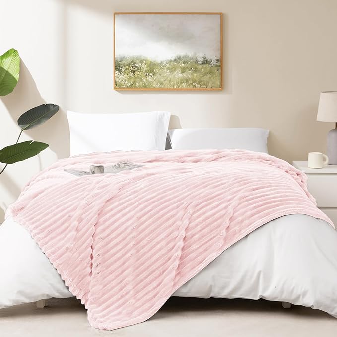 HIMEET Pink Ribbed Queen Size Blanket for Bed - 300GSM Lightweight Fleece Blanket for Men Women, Large Cozy Sofa Couch Cover Bed Blankets Gifts, Striped Spring Home Room Decor, Pink, 90x90 Inches
