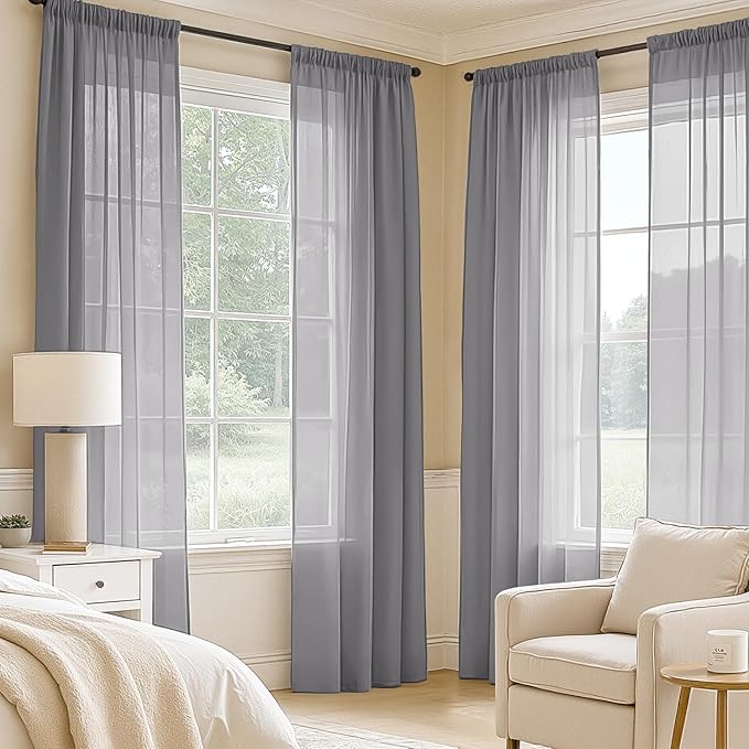 MIULEE Dark Grey Sheer Curtains 72 Inches Long, 4 Panels Set, Rod Pocket Light Filtering Window Drapes for Bedroom and Living Room, Elegant Airy Fabric, 54 x 72 Inches