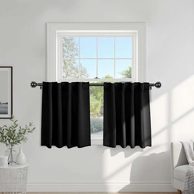 PONY DANCE Black Curtains for Windows, Bathroom Curtains Small Window Drapery Blackout Privacy Drapes for Cafe Bedroom Panels, Width 34 by Length 36, 1 Pair