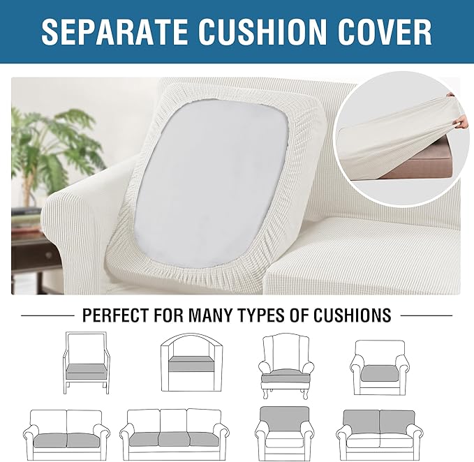H.VERSAILTEX 4 Piece Stretch Sofa Covers for 3 Cushion Couch Covers for Living Room Furniture (Base Cover Plus 3 Seat Cushion Covers) Upgraded Thicker Jacquard Fabric (Sofa, Porcelain White)