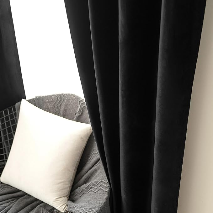 MIULEE Black Out Velvet Curtains 96 Inch Length Halloween Room Darkening Long Blackout Curtains with Grommet Top for Bedroom/Living Room Light Blocking Thermal Insulating Soundproof Set of 2, Black