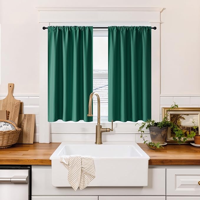 RYB HOME 100% Blackout Short Curtains for Small Window, Thermal Insulated Total Room Darkening Noise Reducing Curtains for Kitchen Bathroom Basement, 42 inches Wide by 45 inches Long, Dark Green