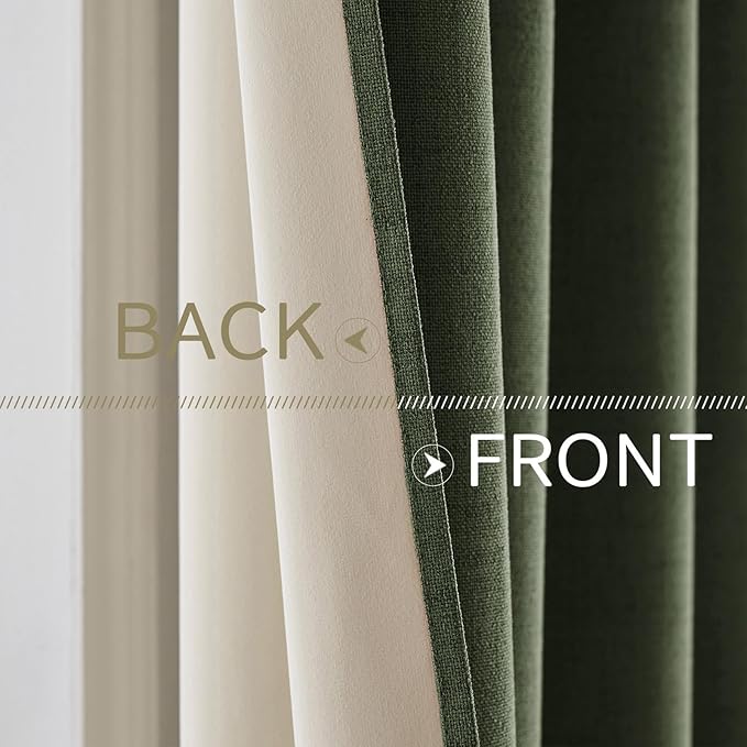 MIULEE 100% Blackout Linen Textured Curtains for Bedroom Solid Thermal Insulated Olive Green Grommet Room Darkening Curtains & Drapes Luxury Decor for Living Room Nursery 52 x 45 Inch (2 Panels)