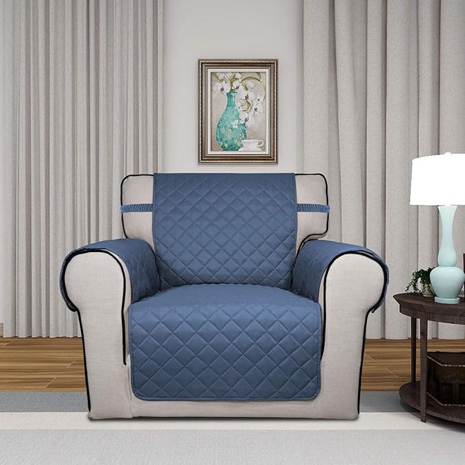 PureFit Reversible Quilted Sofa Cover, Water Resistant Slipcover Furniture Protector, Washable Couch Cover with Non Slip and Elastic Straps for Kids, Dogs, Pets (Chair, Dark Blue/Light Blue)
