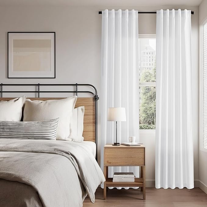 White Linen Curtains for Living Room 54 inch Length White Light Filtering Semi Sheer Curtains Panels Back Tab and Rod Pocket Modern Farmhouse Drapes Curtain for Bedroom, 2 Panels 34 x 54 Inch
