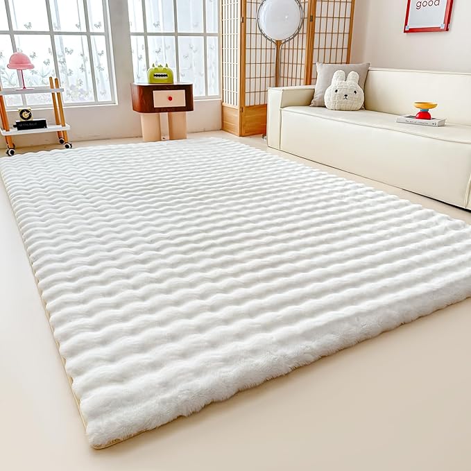 White Rabbit Plush Rug 6'x9', Fluffy Faux Fur Shaggy Area Rug for Nursery, Kids Room Decor, Soft Fuzzy Carpet for Living Room, Bedroom, Teen Girls Room