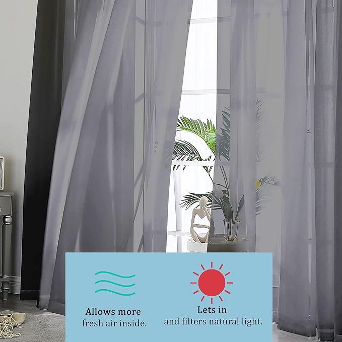 OWENIE Black Sheer Curtains, 45" Long Light Filtering Tiers for Kitchen, Basement, Bedroom - 2 Panels, Cafe Curtains for Small Windows, 42" W x 45" L