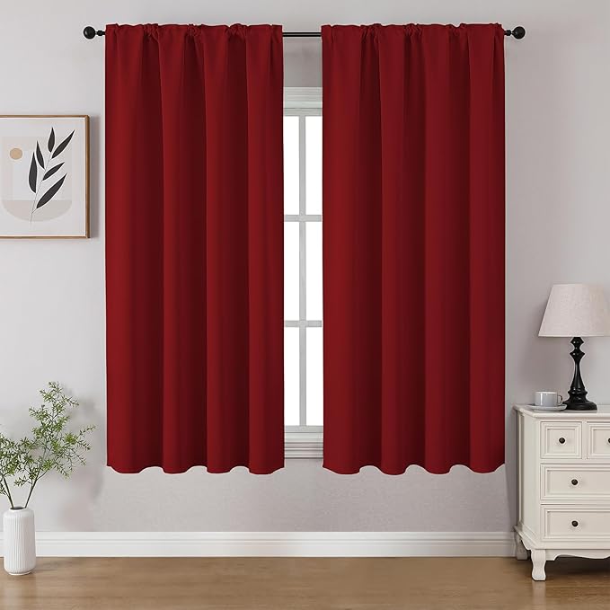 CUCRAF Red Blackout Curtains 45 inch Length 2 Panels Set, Rod Pocket Room Darkening Drapes for Bedroom Living Room, Insulated Thermal Light Blocking Window Curtain (W52 x L45 Inch)