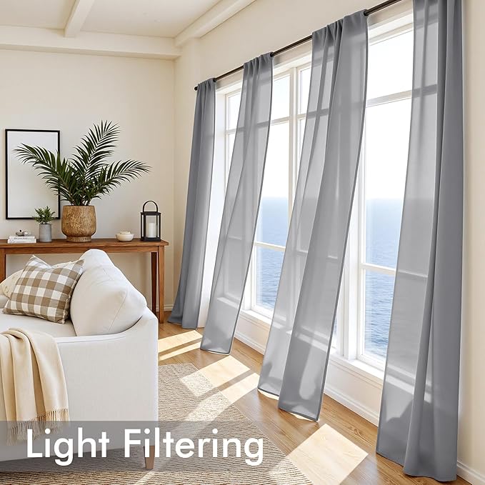 MIULEE Dark Grey Sheer Curtains 72 Inches Long, 4 Panels Set, Rod Pocket Light Filtering Window Drapes for Bedroom and Living Room, Elegant Airy Fabric, 54 x 72 Inches